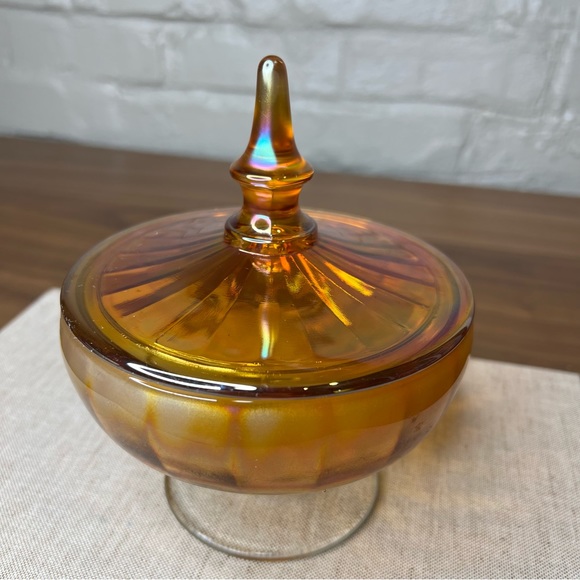 Vintage MCM Marigold Iridescent Carnival Glass Lidded Footed Candy Dish With Lid - Picture 2 of 10